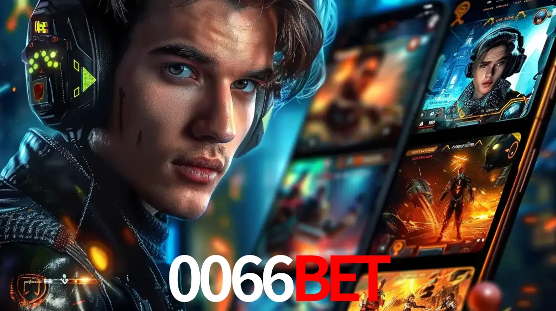 Jovem jogador com fones de ouvido olhando para a câmera, com um aplicativo de jogos e e-sports para celular ao fundo, pronto para a competição e apostas no 0066bet.