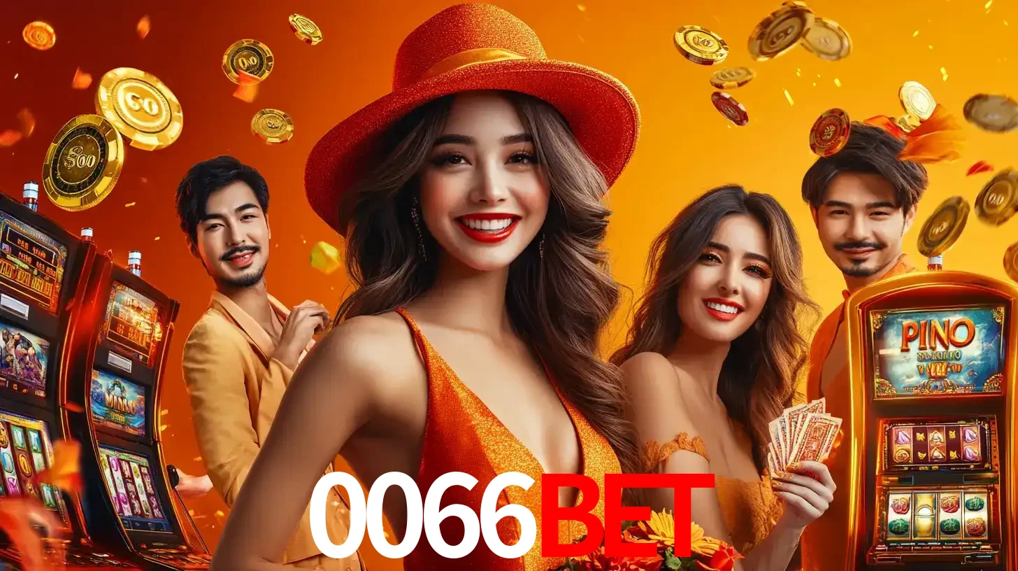 Grupo de amigos asiáticos sorrindo e se divertindo com máquinas de caça-níqueis em um ambiente festivo, celebrando suas vitórias nos jogos de cassino do 0066bet.