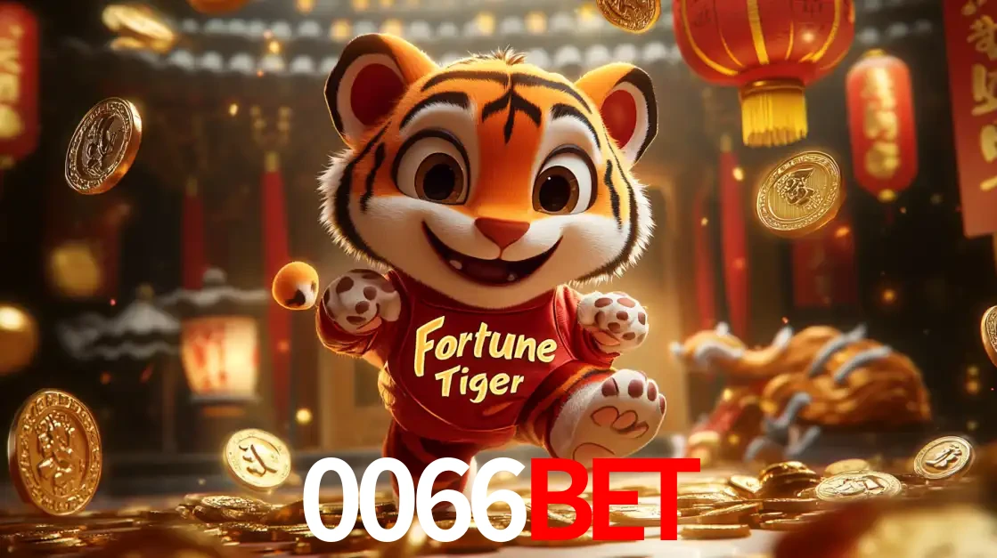 O alegre personagem do Fortune Tiger correndo sobre um caminho de moedas de ouro, simbolizando os grandes prêmios e a diversão do popular jogo de slot do 0066bet.