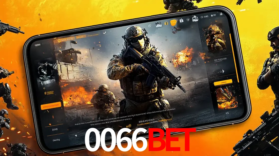 Um smartphone exibindo a interface de um jogo de tiro em primeira pessoa, com um soldado em um cenário de batalha, representando a ação dos e-sports para apostar no 0066bet.