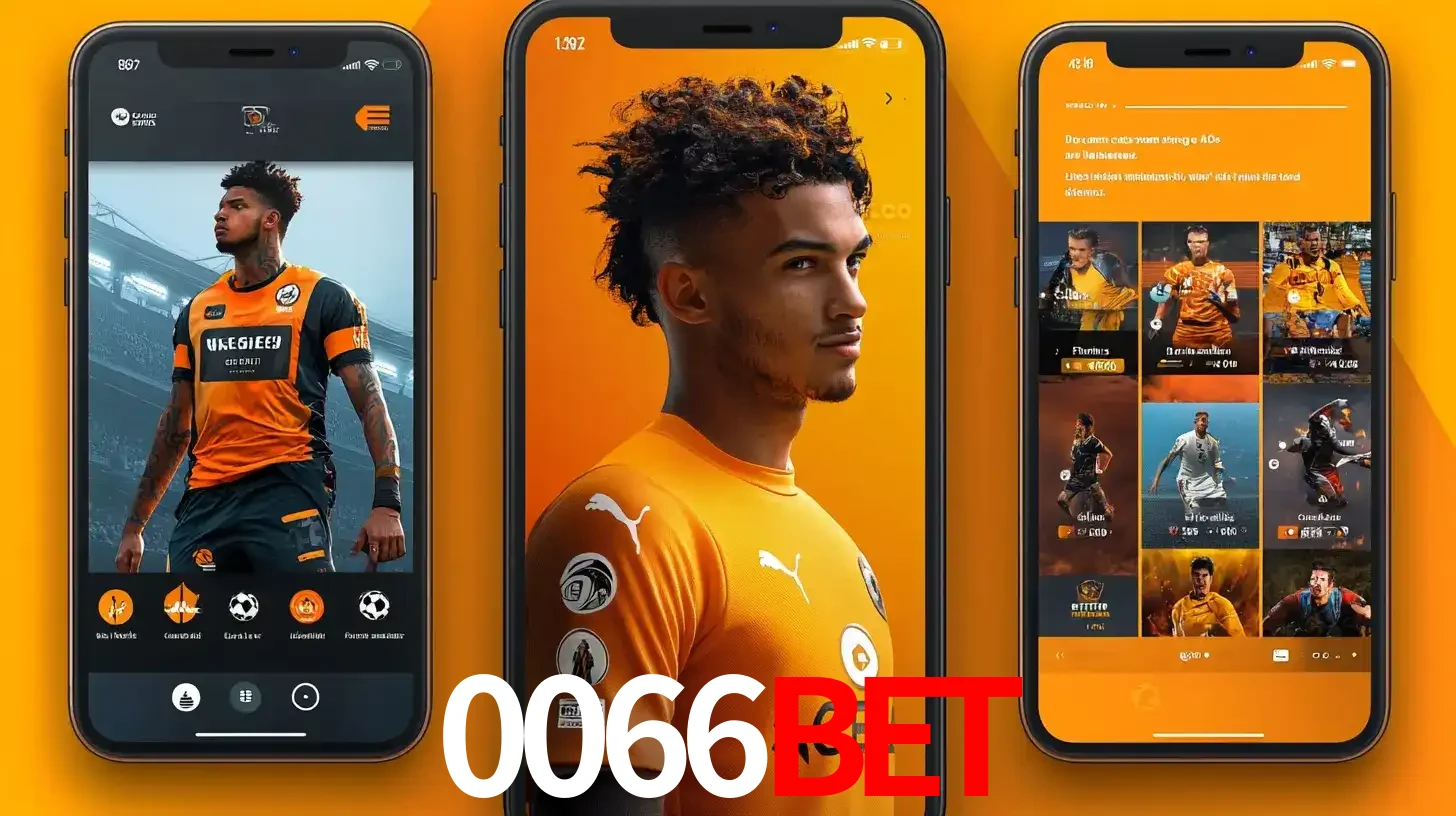 Interface do aplicativo de apostas esportivas 0066bet em três telas de celular, mostrando o perfil de um jogador de futebol e a lista de jogos disponíveis para apostar.