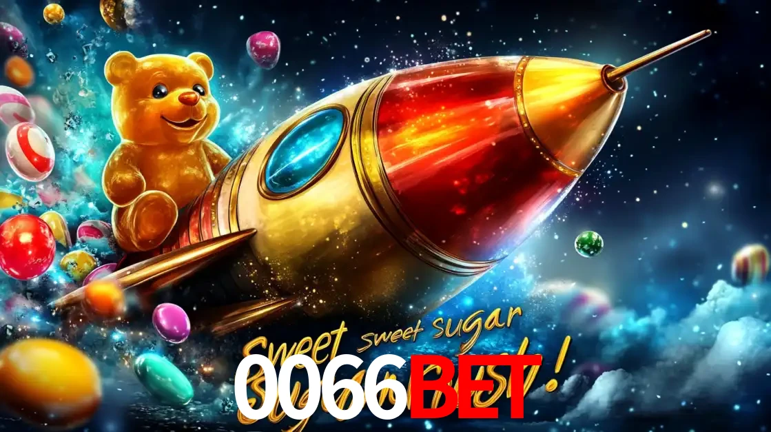 Arte promocional do jogo de slot Sugar Rush, com um urso de pelúcia em um foguete viajando pelo espaço de doces, um dos jogos divertidos disponíveis no cassino 0066bet.
