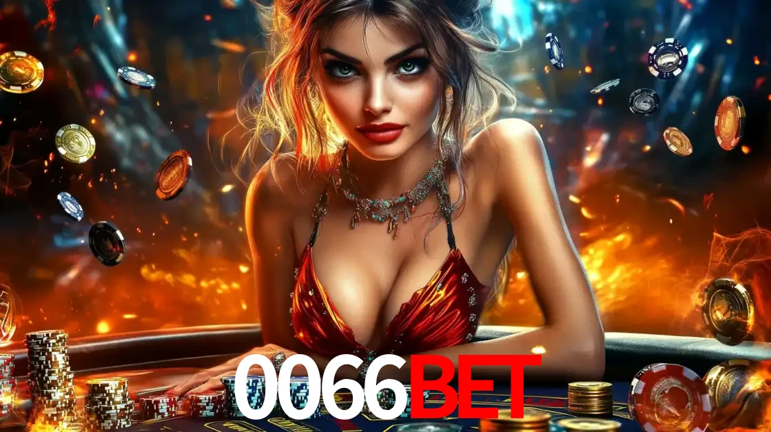 Mulher em uma mesa de cassino com pilhas de fichas e um fundo de fogo, pronta para uma rodada de altas apostas nos jogos de mesa emocionantes do cassino 0066bet.