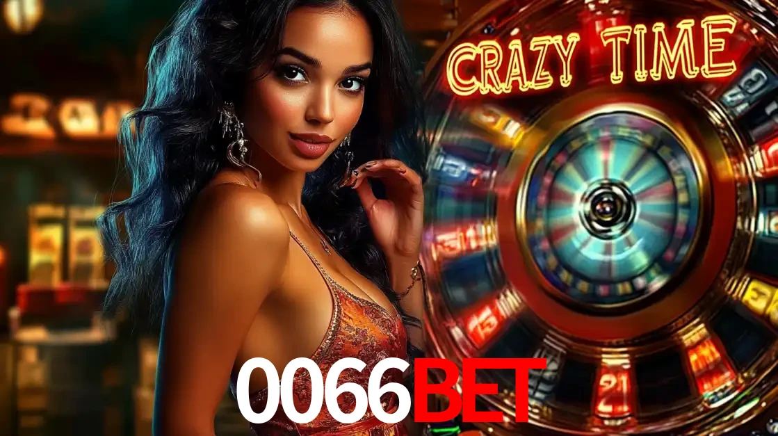 Mulher elegante ao lado da vibrante roda da fortuna do jogo de cassino ao vivo Crazy Time, um dos game shows mais populares e cheios de prêmios do 0066bet.