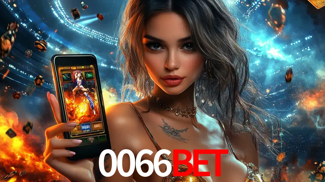 Mulher segurando um celular com um jogo de slot em destaque, tendo como fundo um estádio vibrante, simbolizando a emoção de jogar no cassino móvel 0066bet.