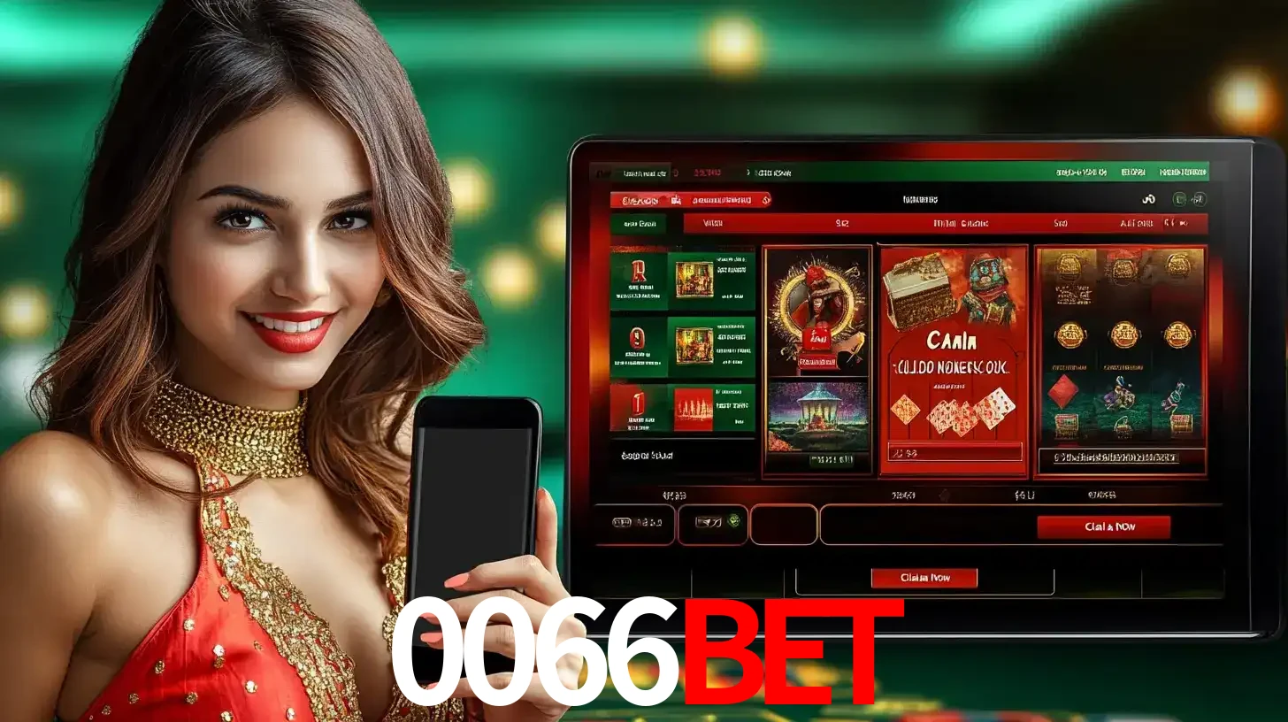 Mulher sorridente segurando um smartphone, ao lado de uma tela exibindo o lobby de jogos do cassino online 0066bet, com várias opções de jogos de cartas e slots.